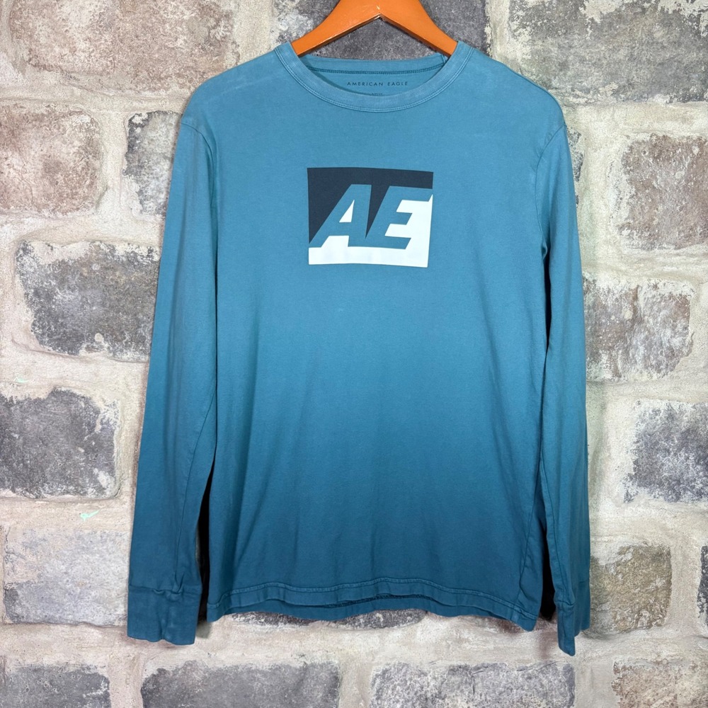 American Eagle Men's Teal Blue Graphic Long Sleeve Box Logo Tee Shirt Small